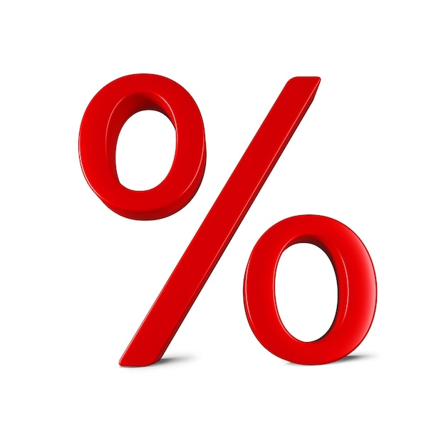 Red percentage sign icon on white background 3D rendering