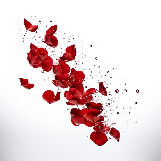 Photo red petals falling with crystals drops white background