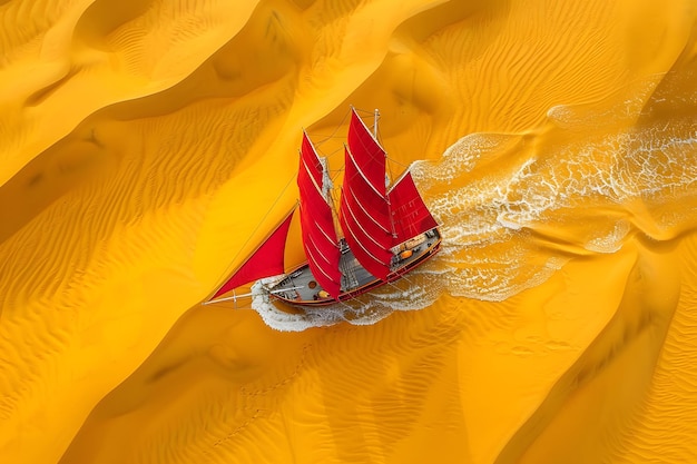 Photo red phinisi sailboat on the surface of a sea of yellow sand with red sails