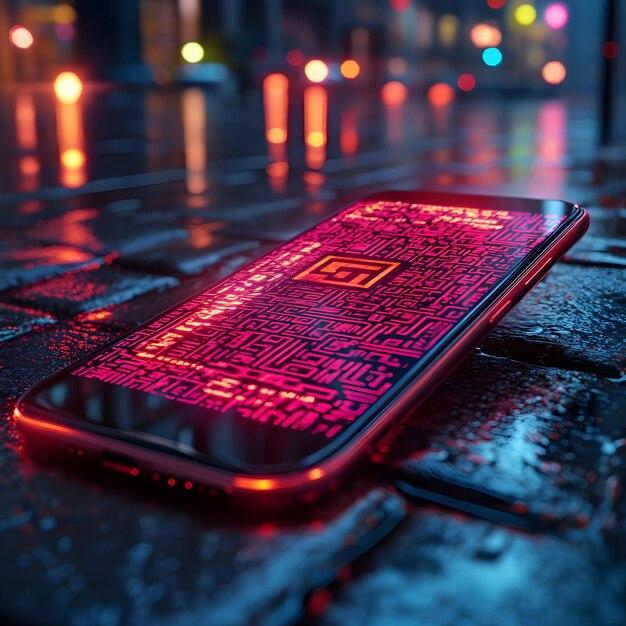 Photo red phone with glowing abstract pattern 3d illustration