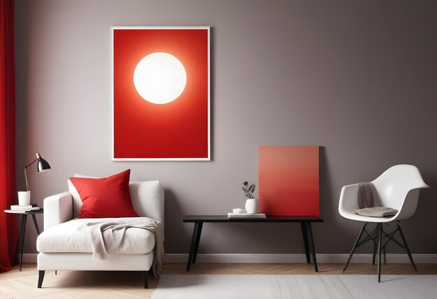 a red picture frame hangs above a white chair and a red lamp