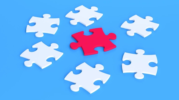 A red piece of puzzle is surrounded by other white pieces