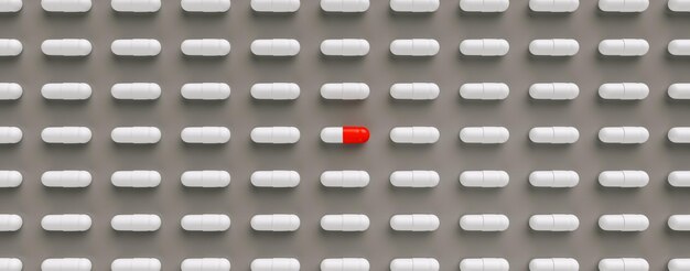 Photo red pills or capsules lies in rows, medicine tablets antibiotic, pharmacy theme, banner size