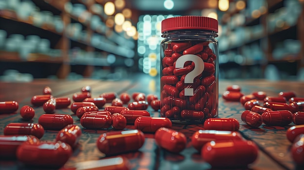 Red Pills in a glass jar with a question mark 3d rendering