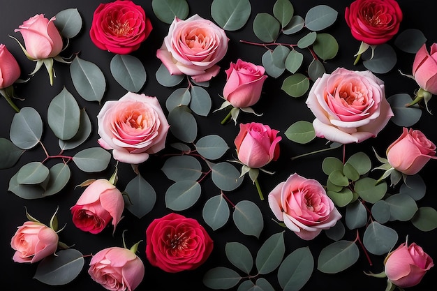 Photo red and pink rose flowers with eucalyptus leaves in a floral arrangement isolated on black background