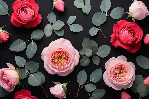 Photo red and pink rose flowers with eucalyptus leaves in a floral arrangement isolated on black background