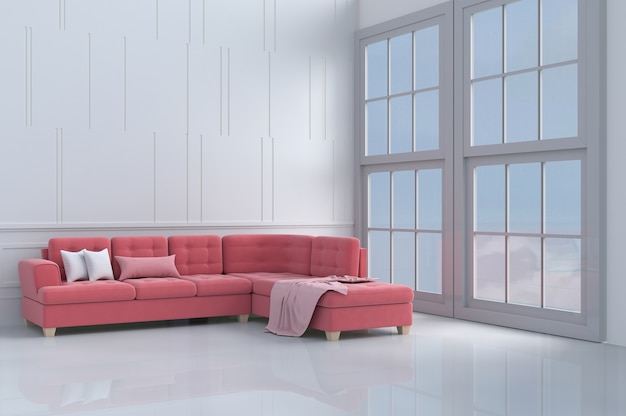 Red-pink sofa in white living room decor pillow,window,sky,blanket,Love, Valentine`s Day. 