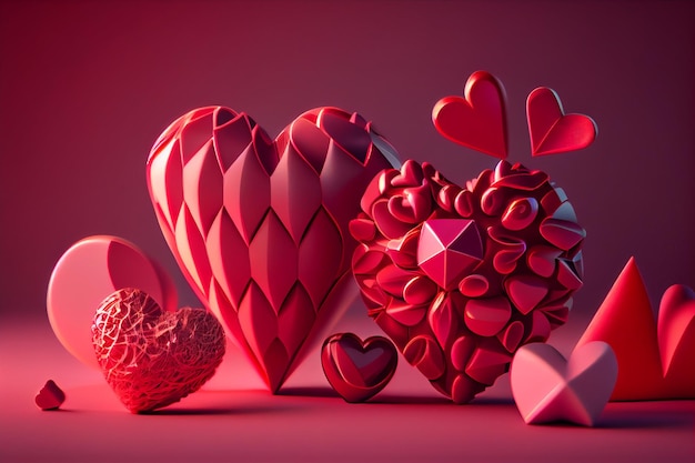 Red and pink valentine's day background with heartsgenerative ai