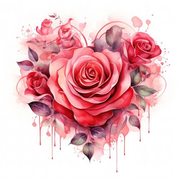 red and pink watercolor rose floral love shape luxury design on white background