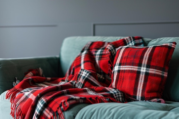 Photo red plaid blanket white black