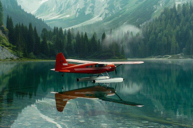 a red plane is floating in the water with mountains in the background