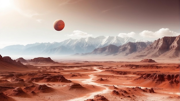 Photo a red planet in the desert with mountains in the background