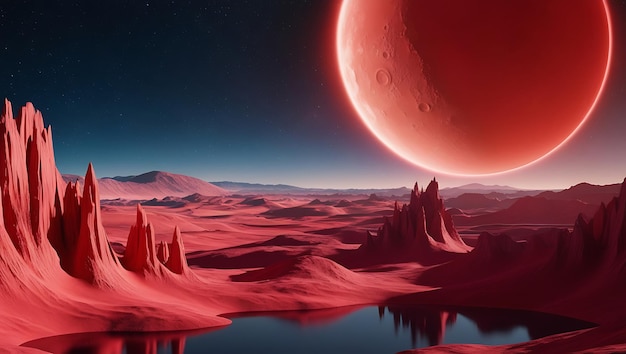 Photo a red planet is floating in the water with a red planet in the background