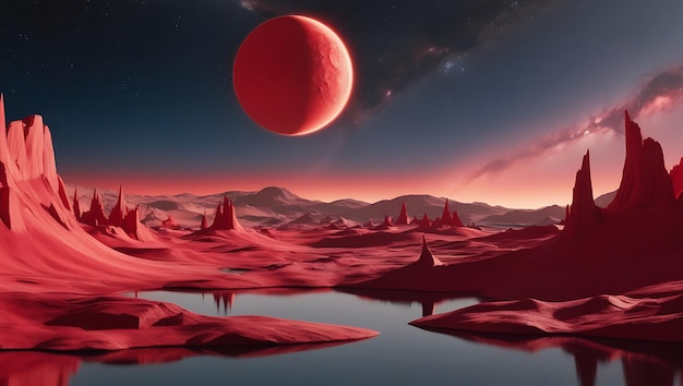 Photo a red planet is in the water with mountains in the background