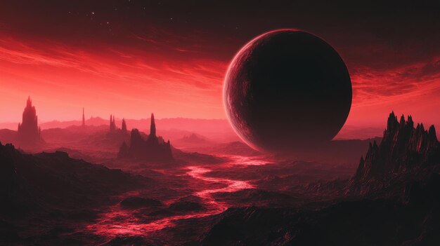 Photo red planet landscape with large moon