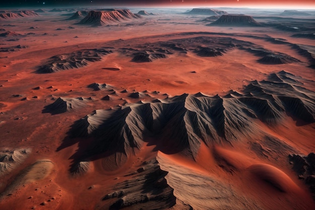 a red planet sunset over the desert dune hill surface aerial view