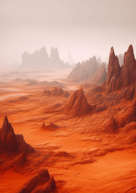 A red planet with a desert landscape and a foggy sky