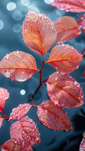 a red plant with water drops and the word quot rain quot on it