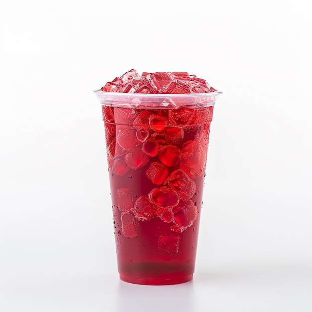 a red plastic cup with ice cubes in it