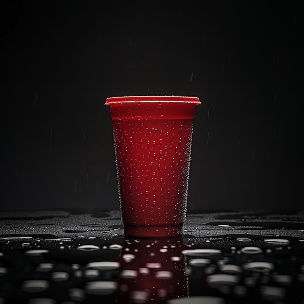 a red plastic cup with water drops on it