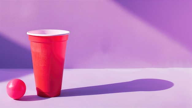 Red plastic cup with a white ping pong ball on a purple shaded background creating a playful mood