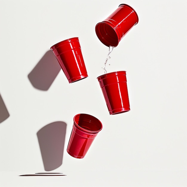 red plastic cups are upside down and one is upside down