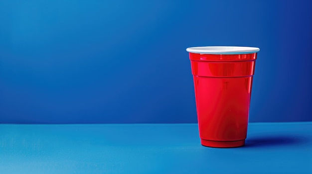 Red plastic party cup isolated in the center of a smooth blue backdrop with ample copy space