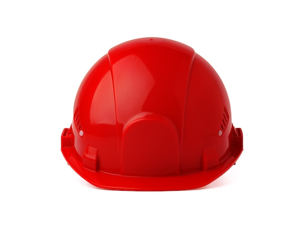 Red plastic safety hardhat isolated on white background