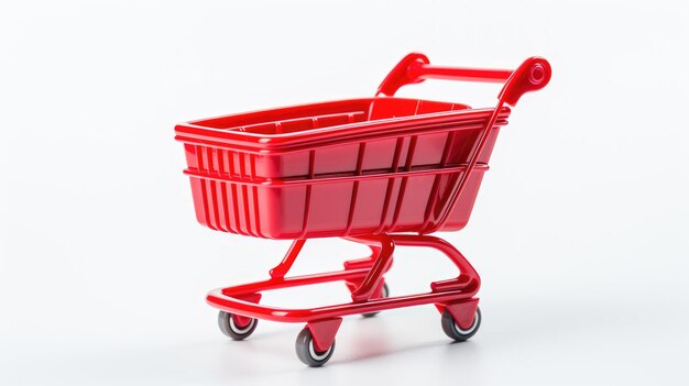 Red Plastic Shopping Cart A bright red plastic shopping cart sits on a clean white background The cart is empty with its wheels perfectly aligned