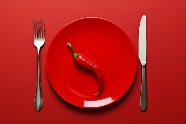 A red plate with a red plate with a red chili pepper on it