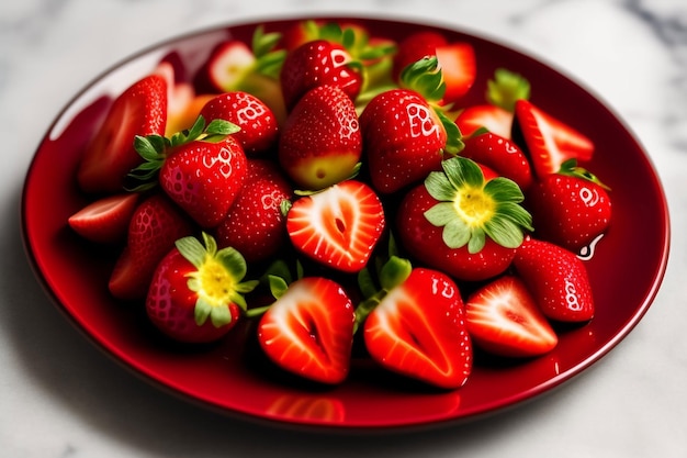 A red plate with strawberries on it and a green leaf on the top.