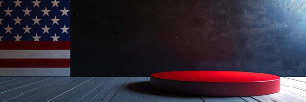 Red Platform Against a Distressed Wall A red cylindrical platform sits in front of a textured wall The wall is a mixture of black blue and a light red color The floor is made of gray wood planks