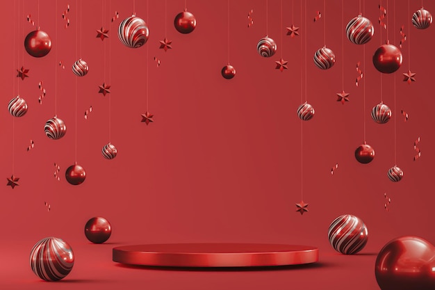 Red platform for product presentation floating red balls star and ribbon