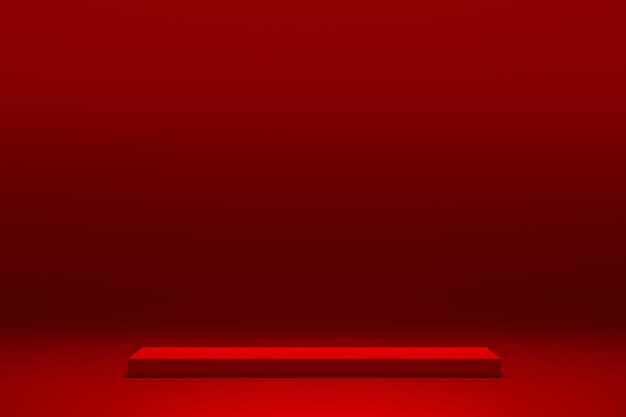 Red platform for showing product Empty podium or pedestal display on red background with stand concept Blank product shelf standing backdrop Perfect stages for any product