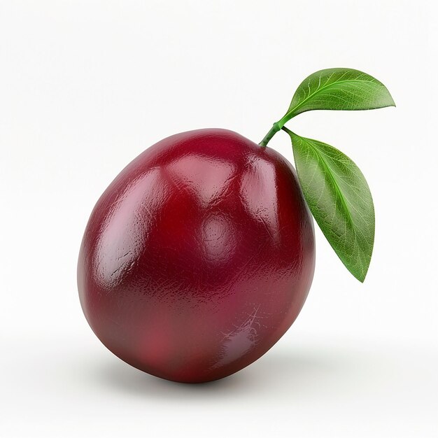 a red plum with a green leaf on it