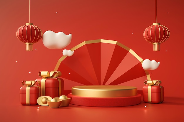 Red podium chinese new year and gift box product stand podium background pedestal 3D rendering