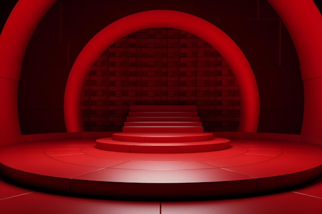 A red podium in a dark room with stairs