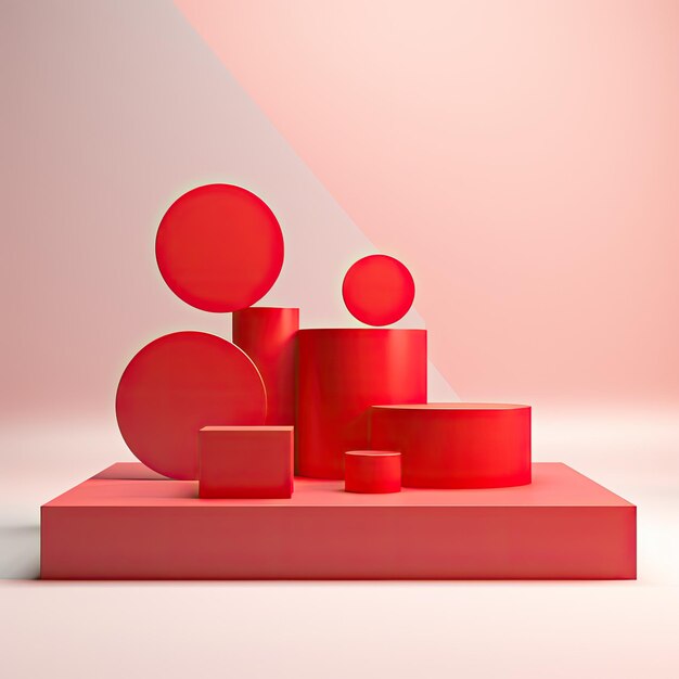 Photo a red podium with 3d rendered shapes