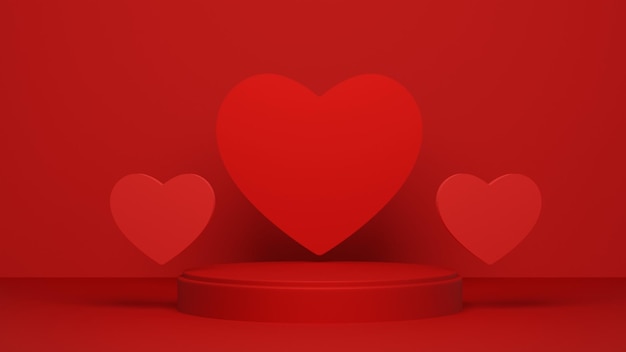 Red podium with heart for product presentation, copy space. 3d rendering. Valentine concept.