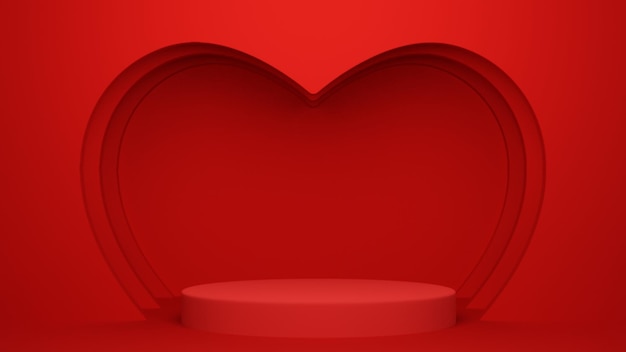 Red podium with heart for product presentation copy space 3d rendering Valentine concept