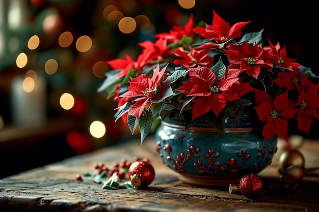 Red poinsettia flowers growing in pot on wooden table against Christmas decorations background