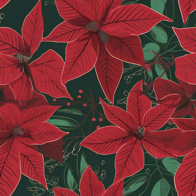 A red poinsettia pattern with green leaves and red flowers.