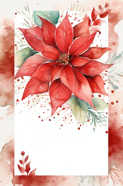 Red poinsettia on a white background with watercolor stains.