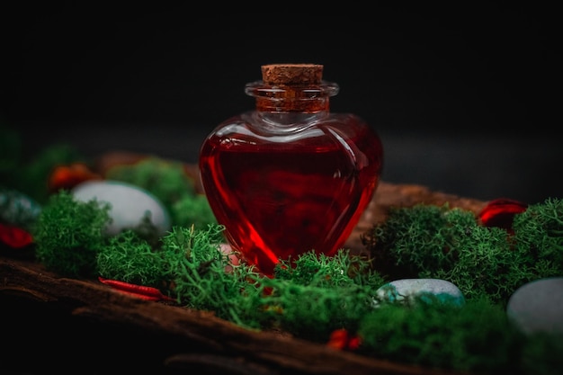 Red poison in a heartshaped bottle lies in the bark of a tree with moss and stones on a black