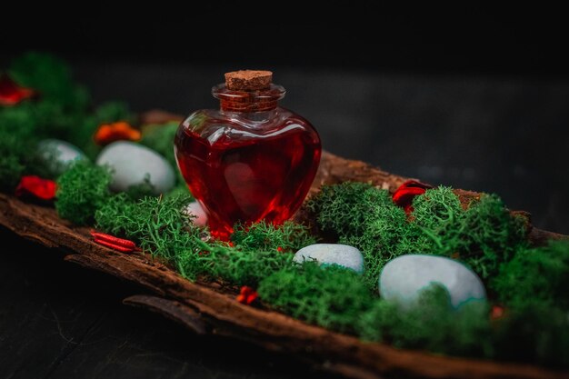 Red poison in a heartshaped bottle lies in the bark of a tree with moss and stones on a black