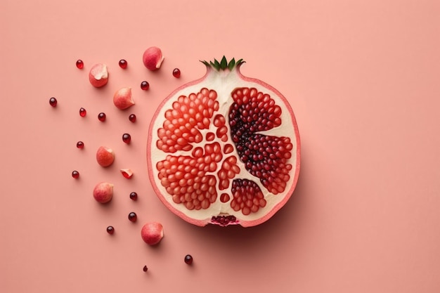 Red pomegranate fruit on pastel pink background Minimal flat lay concept