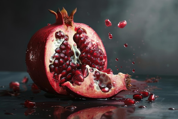 A red pomegranate is cut in half and has a few drops of juice on the table