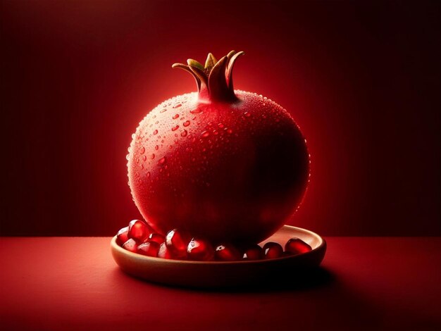 a red pomegranate with cherries on a plate