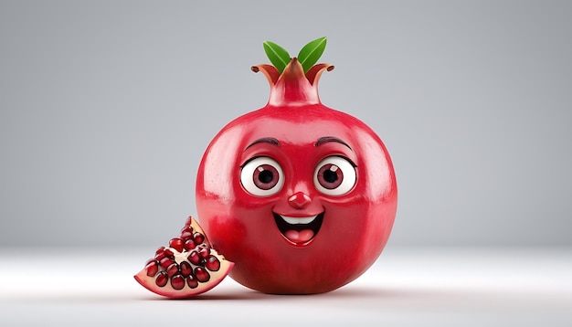 a red pomegranate with a face and a half of a half of a red apple