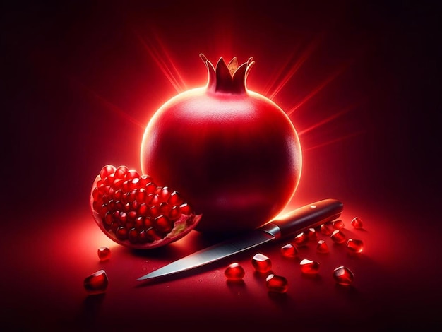 a red pomegranate with a knife and a knife